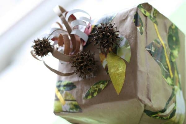 Wrapping Ideas go natural and use tree parts, like leaves and seed pods as part of your natural wrapping idea. A great gift for that gardener!